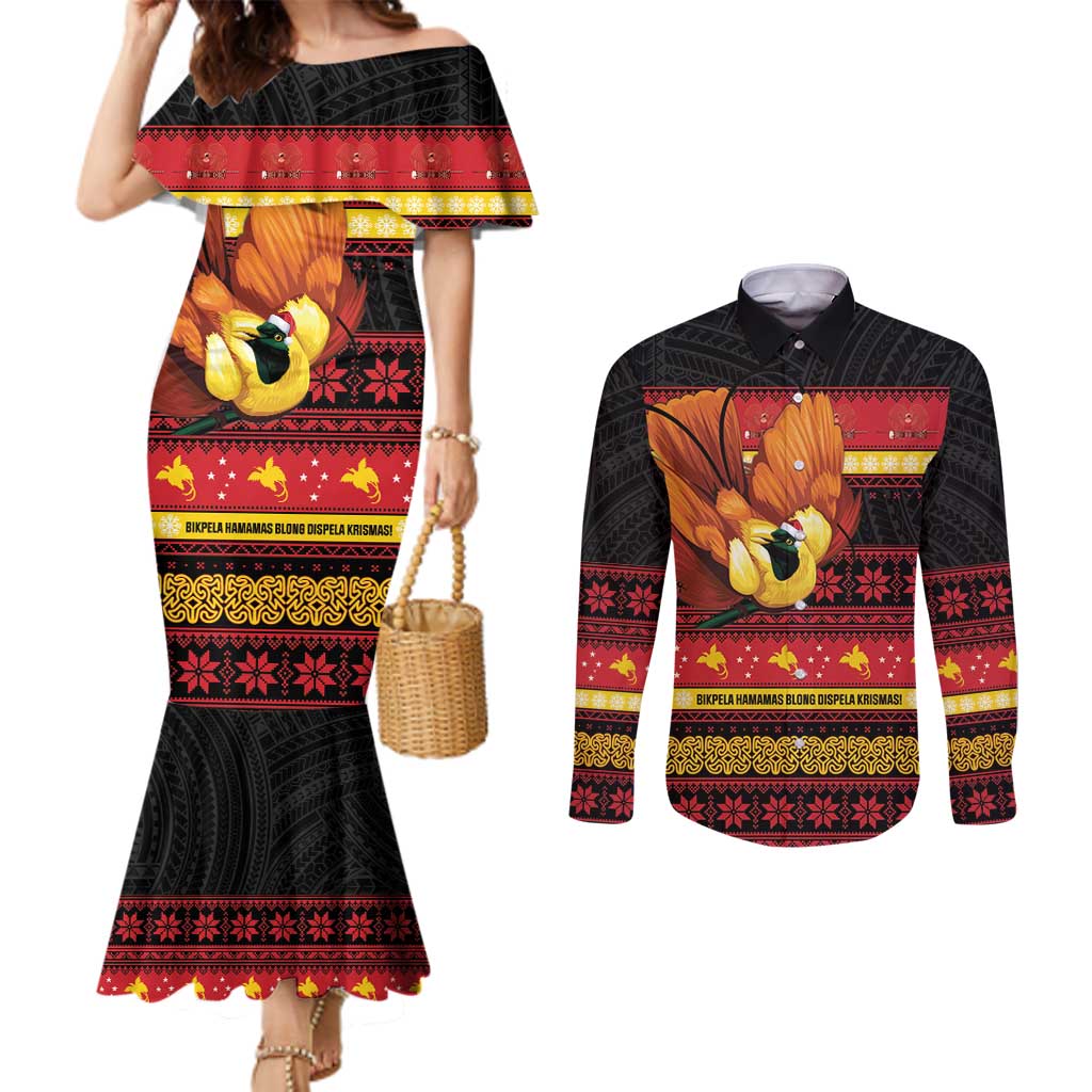 Papua New Guinea Christmas Couples Matching Mermaid Dress and Long Sleeve Button Shirt Bikpela hamamas blong dispela Krismas - Polynesian Pride