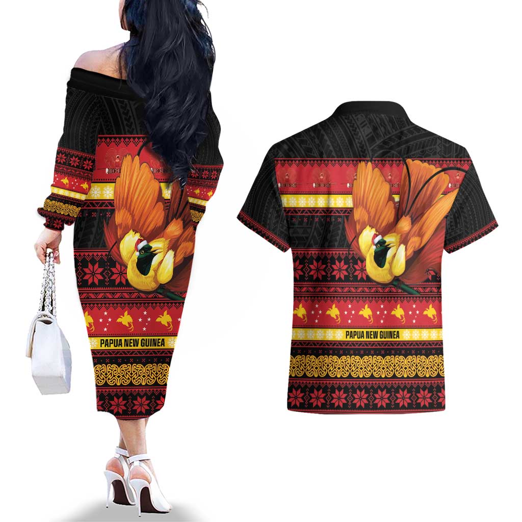 Papua New Guinea Christmas Couples Matching Off The Shoulder Long Sleeve Dress and Hawaiian Shirt Bikpela hamamas blong dispela Krismas - Polynesian Pride