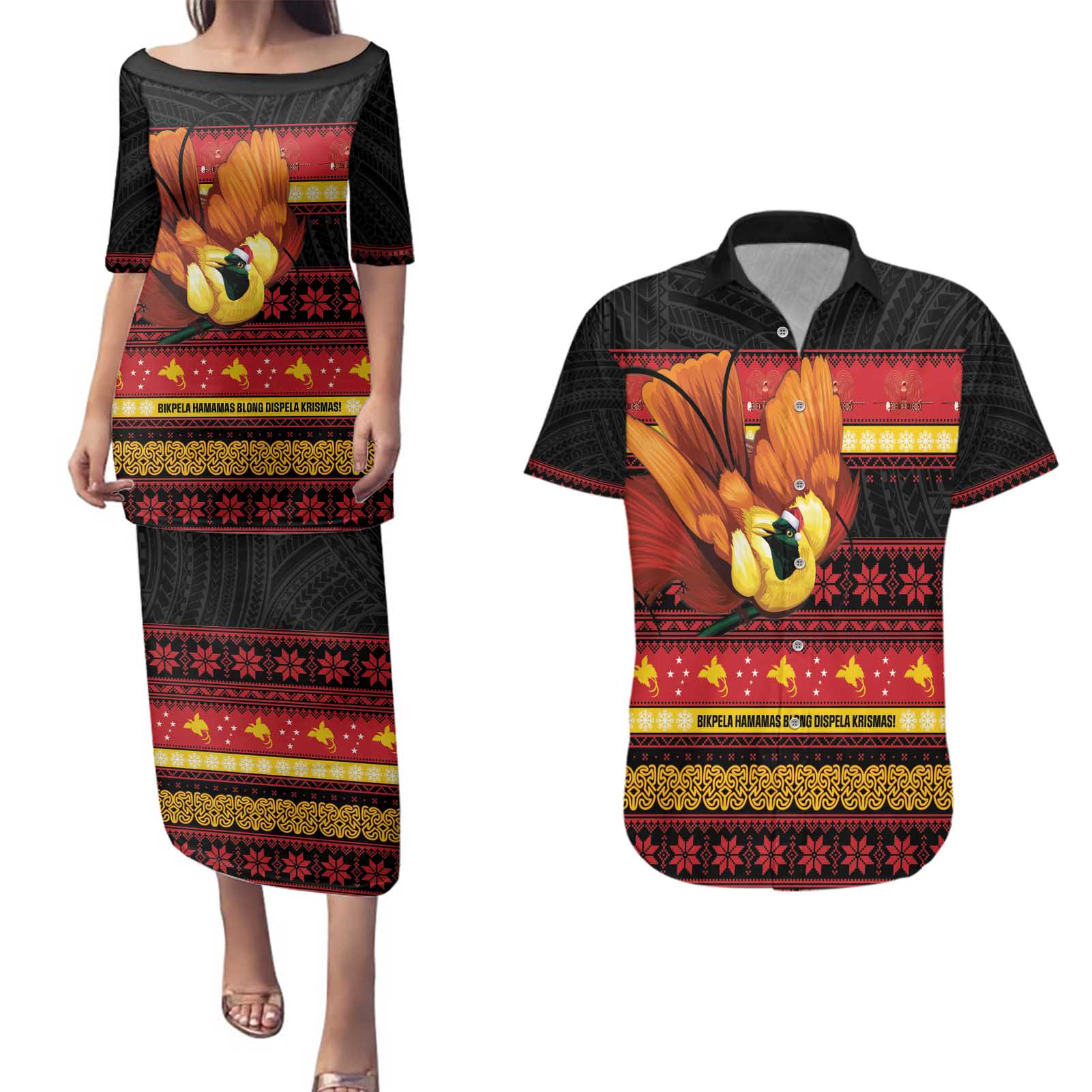 Papua New Guinea Christmas Couples Matching Puletasi and Hawaiian Shirt Bikpela hamamas blong dispela Krismas - Polynesian Pride