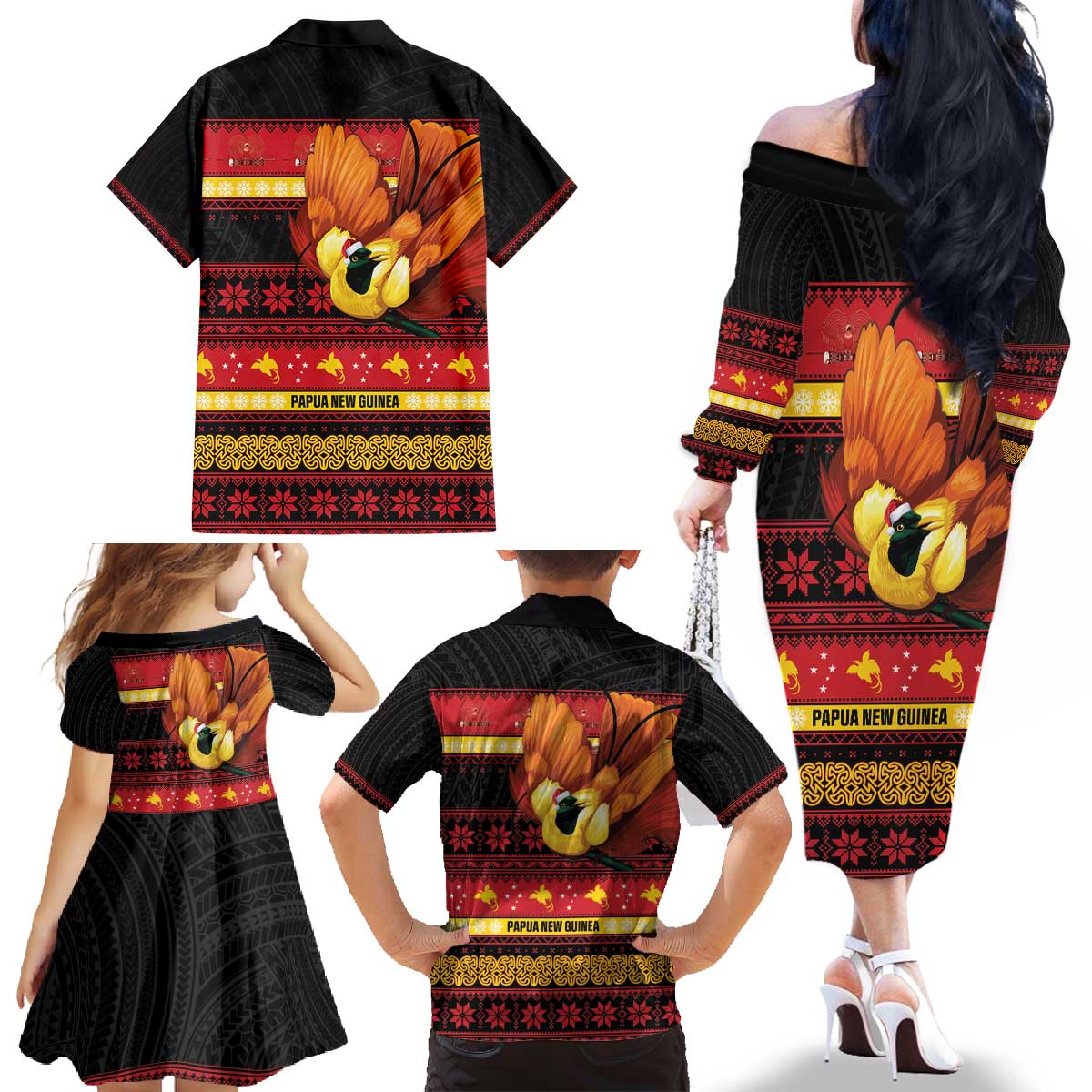 Papua New Guinea Christmas Family Matching Off The Shoulder Long Sleeve Dress and Hawaiian Shirt Bikpela hamamas blong dispela Krismas - Polynesian Pride