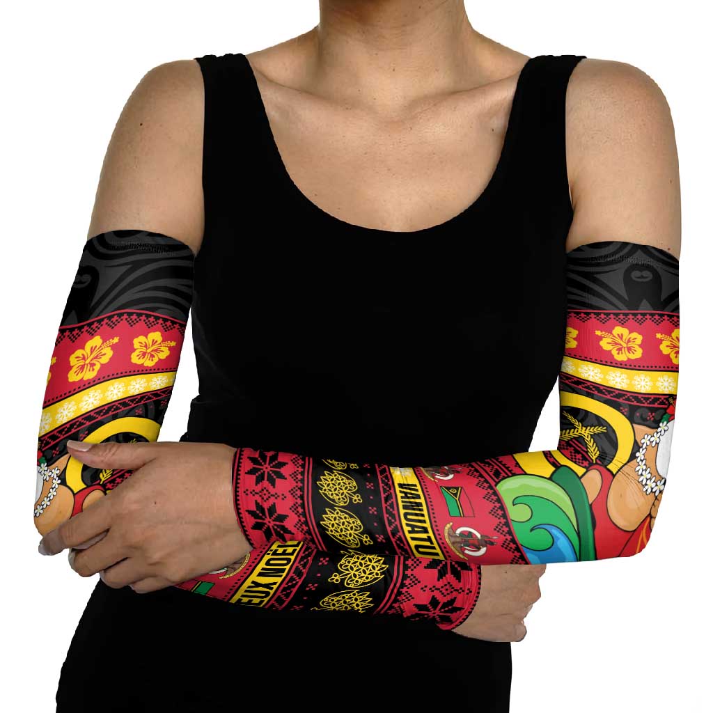 Vanuatu Christmas Arm Sleeves Joyeux Noel Surfing Santa With Boar Tusk - Polynesian Pride