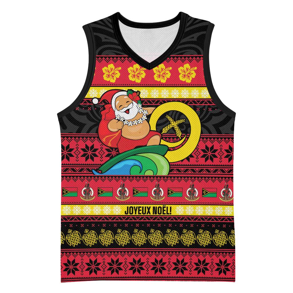 Vanuatu Christmas Basketball Jersey Joyeux Noel Surfing Santa With Boar Tusk - Polynesian Pride