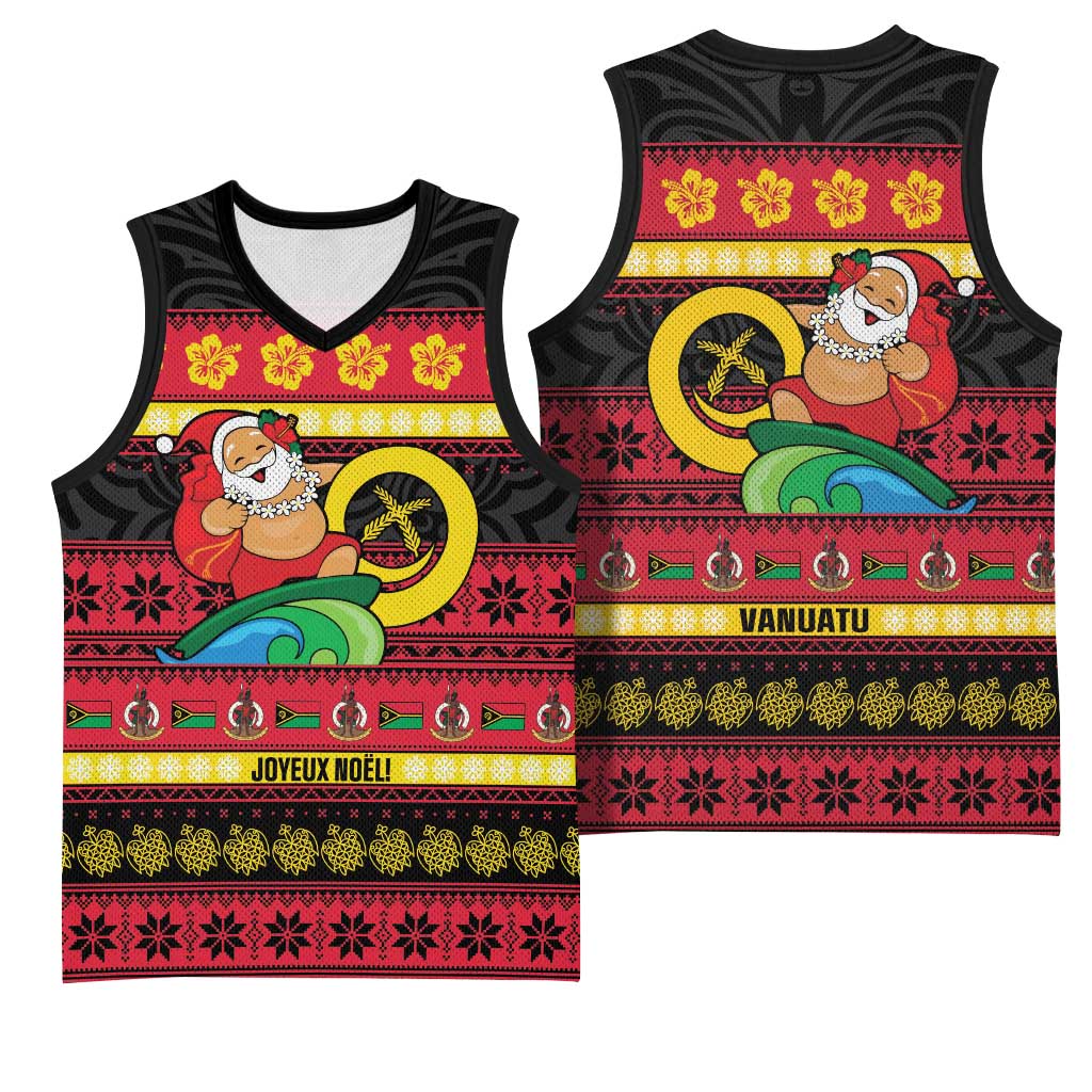 Vanuatu Christmas Basketball Jersey Joyeux Noel Surfing Santa With Boar Tusk - Polynesian Pride