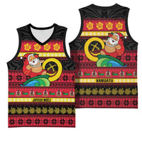 Vanuatu Christmas Basketball Jersey Joyeux Noel Surfing Santa With Boar Tusk - Polynesian Pride
