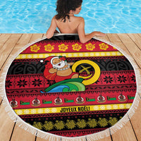 Vanuatu Christmas Beach Blanket Joyeux Noel Surfing Santa With Boar Tusk - Polynesian Pride