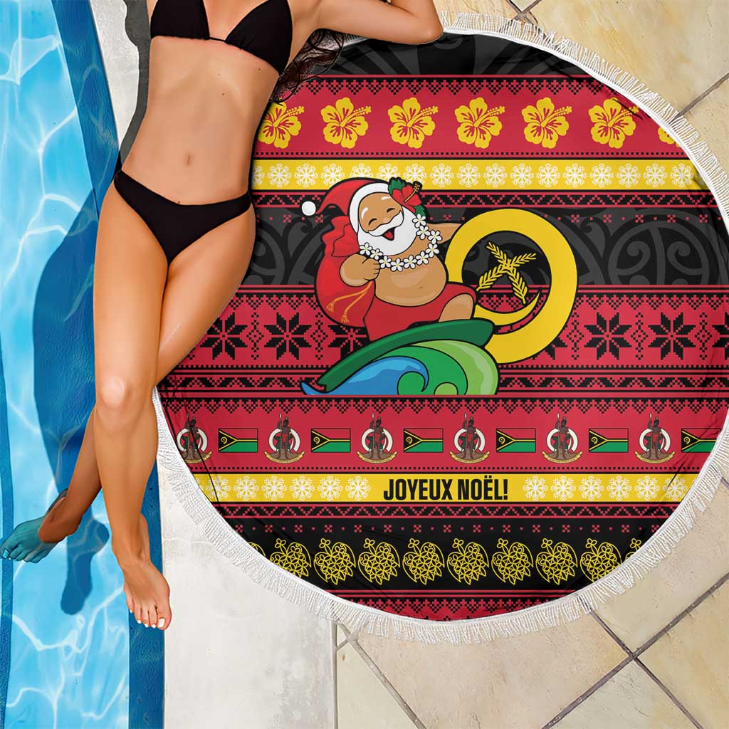 Vanuatu Christmas Beach Blanket Joyeux Noel Surfing Santa With Boar Tusk - Polynesian Pride