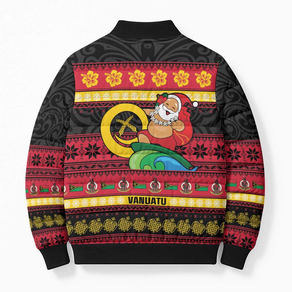 Vanuatu Christmas Bomber Puffer Jacket Joyeux Noel Surfing Santa With Boar Tusk - Polynesian Pride