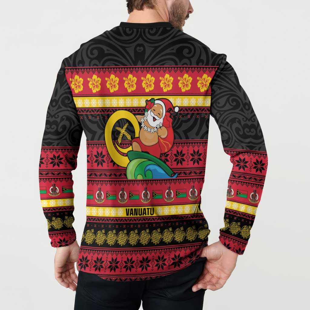 Vanuatu Christmas Button Sweatshirt Joyeux Noel Surfing Santa With Boar Tusk - Polynesian Pride