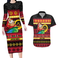 Vanuatu Christmas Couples Matching Long Sleeve Bodycon Dress and Hawaiian Shirt Joyeux Noel Surfing Santa With Boar Tusk - Polynesian Pride