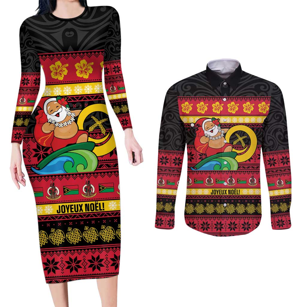 Vanuatu Christmas Couples Matching Long Sleeve Bodycon Dress and Long Sleeve Button Shirt Joyeux Noel Surfing Santa With Boar Tusk - Polynesian Pride