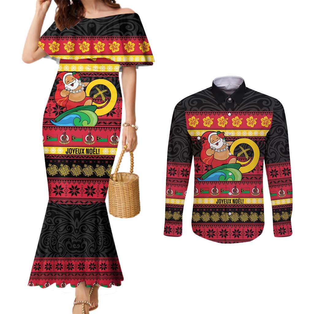 Vanuatu Christmas Couples Matching Mermaid Dress and Long Sleeve Button Shirt Joyeux Noel Surfing Santa With Boar Tusk - Polynesian Pride