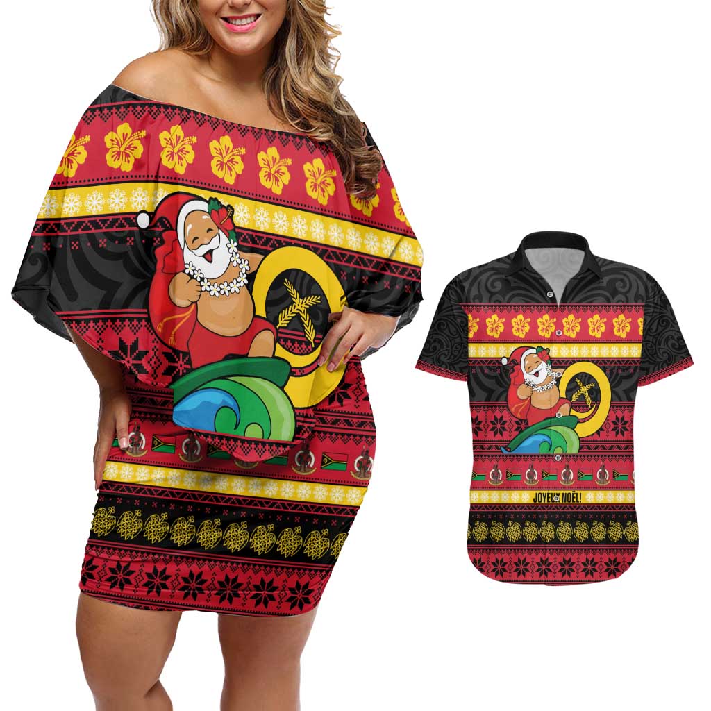 Vanuatu Christmas Couples Matching Off Shoulder Short Dress and Hawaiian Shirt Joyeux Noel Surfing Santa With Boar Tusk - Polynesian Pride