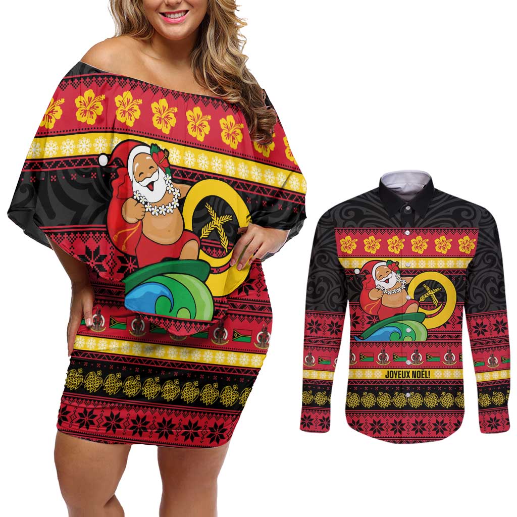 Vanuatu Christmas Couples Matching Off Shoulder Short Dress and Long Sleeve Button Shirt Joyeux Noel Surfing Santa With Boar Tusk - Polynesian Pride