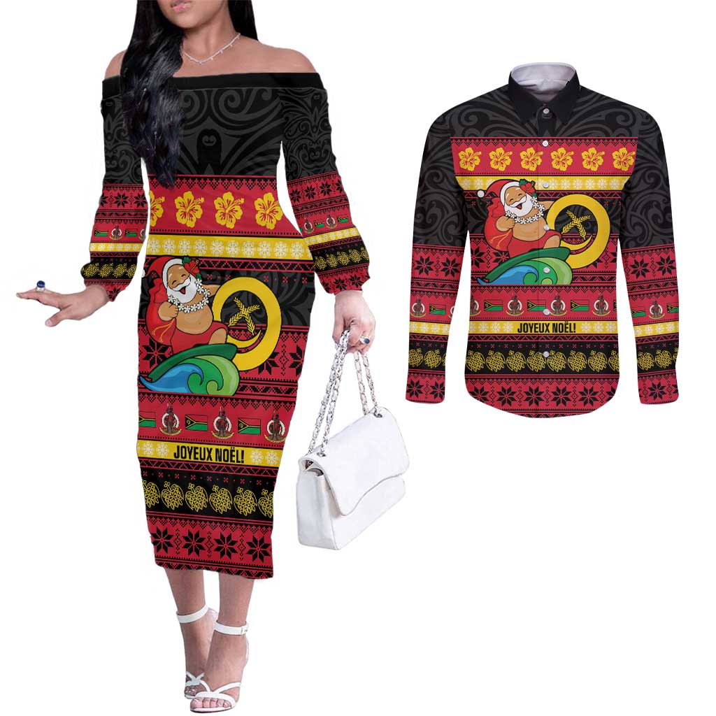 Vanuatu Christmas Couples Matching Off The Shoulder Long Sleeve Dress and Long Sleeve Button Shirt Joyeux Noel Surfing Santa With Boar Tusk - Polynesian Pride