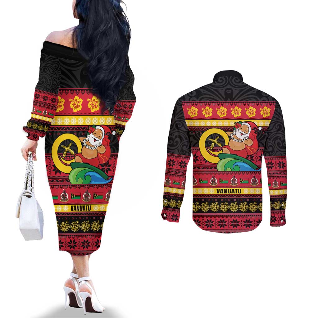 Vanuatu Christmas Couples Matching Off The Shoulder Long Sleeve Dress and Long Sleeve Button Shirt Joyeux Noel Surfing Santa With Boar Tusk - Polynesian Pride