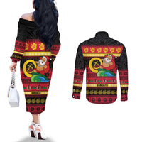 Vanuatu Christmas Couples Matching Off The Shoulder Long Sleeve Dress and Long Sleeve Button Shirt Joyeux Noel Surfing Santa With Boar Tusk - Polynesian Pride