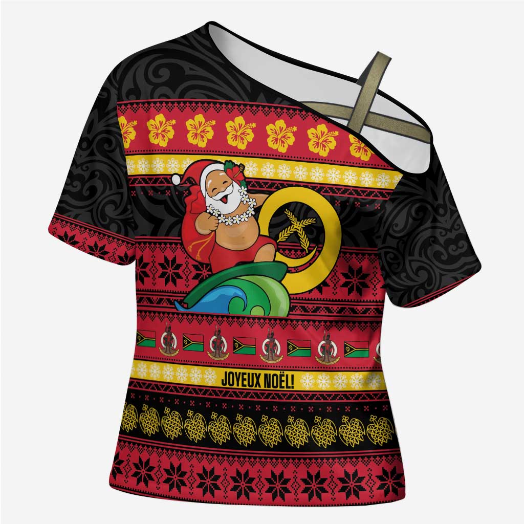 Vanuatu Christmas Cross Shoulder Shirt Joyeux Noel Surfing Santa With Boar Tusk - Polynesian Pride