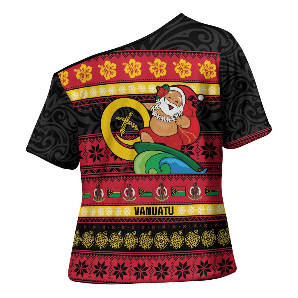 Vanuatu Christmas Cross Shoulder Shirt Joyeux Noel Surfing Santa With Boar Tusk - Polynesian Pride