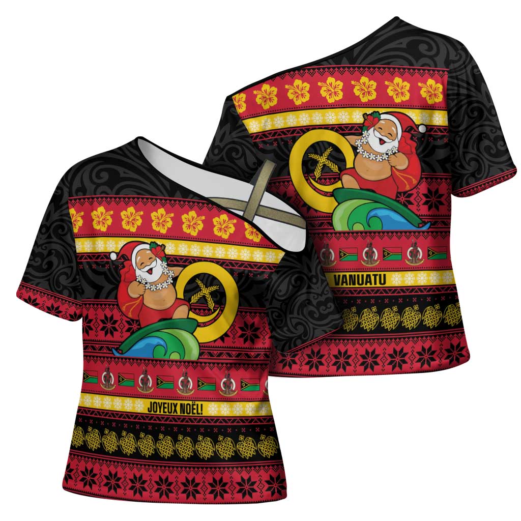 Vanuatu Christmas Cross Shoulder Shirt Joyeux Noel Surfing Santa With Boar Tusk - Polynesian Pride