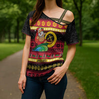 Vanuatu Christmas Cross Shoulder Shirt Joyeux Noel Surfing Santa With Boar Tusk - Polynesian Pride