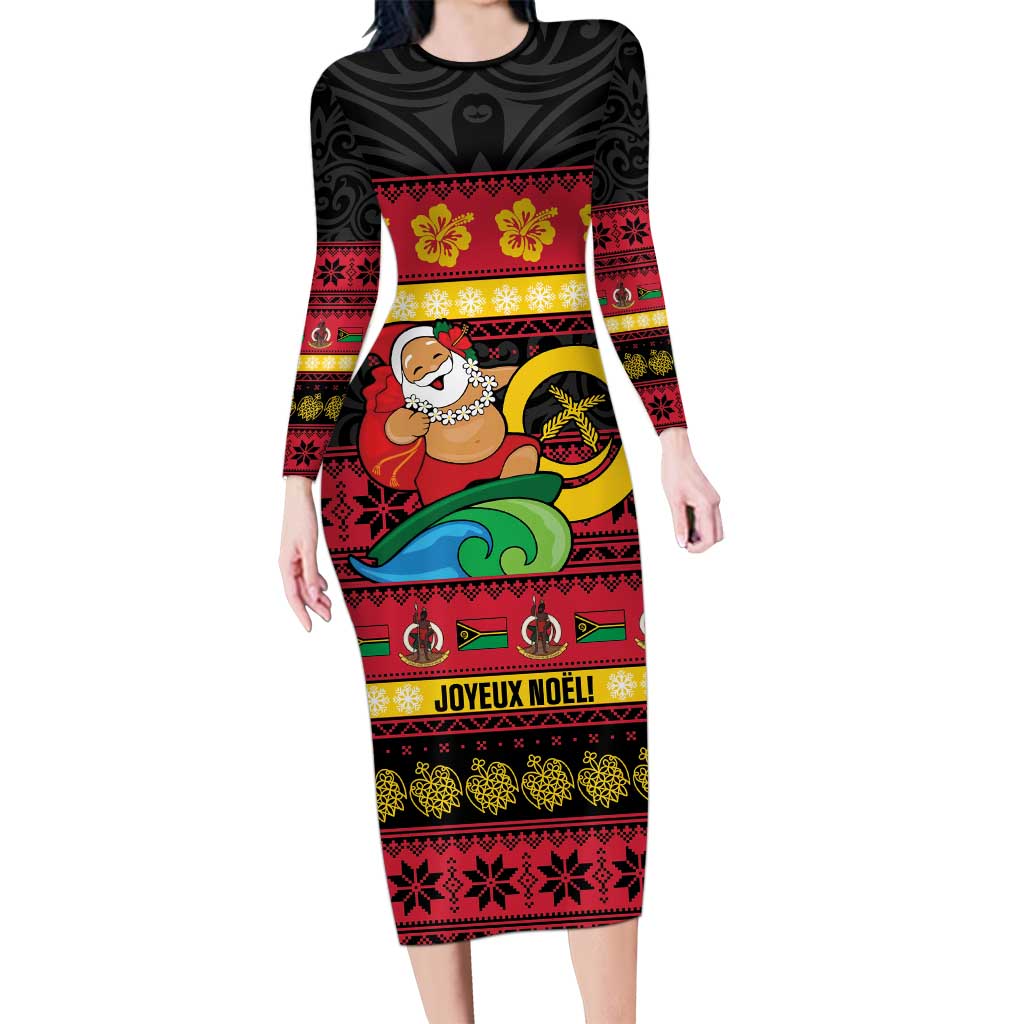 Vanuatu Christmas Family Matching Long Sleeve Bodycon Dress and Hawaiian Shirt Joyeux Noel Surfing Santa With Boar Tusk - Polynesian Pride