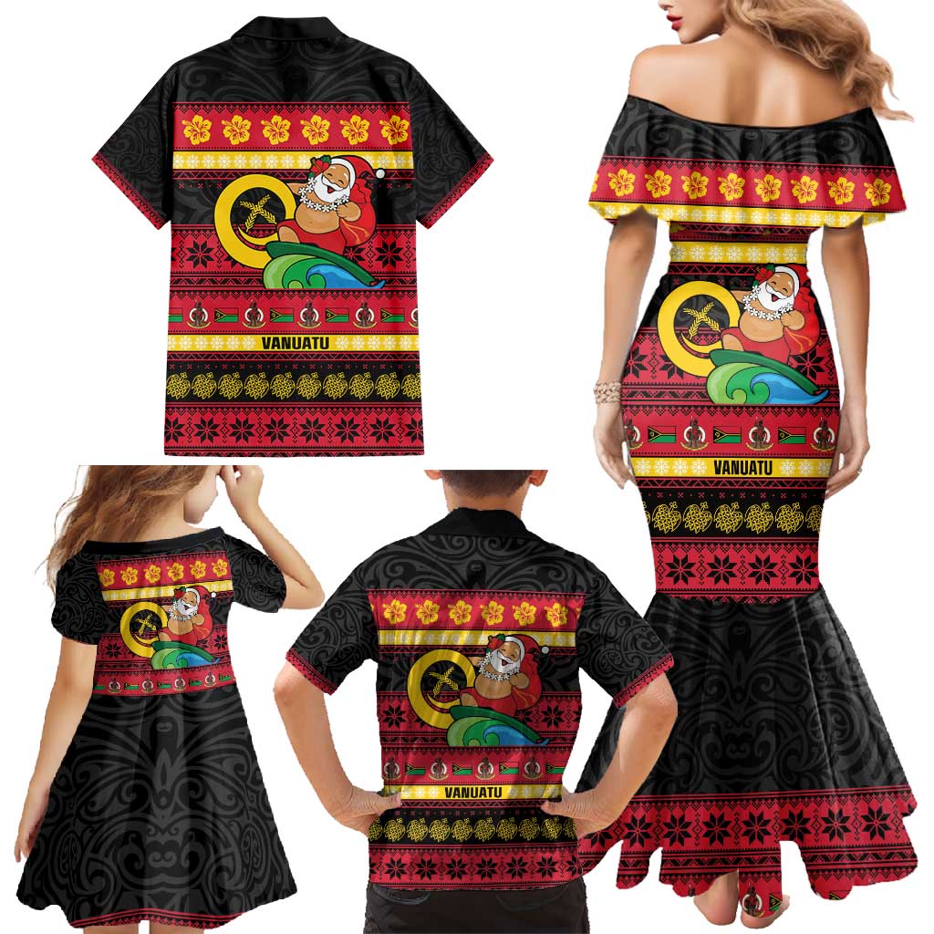 Vanuatu Christmas Family Matching Mermaid Dress and Hawaiian Shirt Joyeux Noel Surfing Santa With Boar Tusk - Polynesian Pride