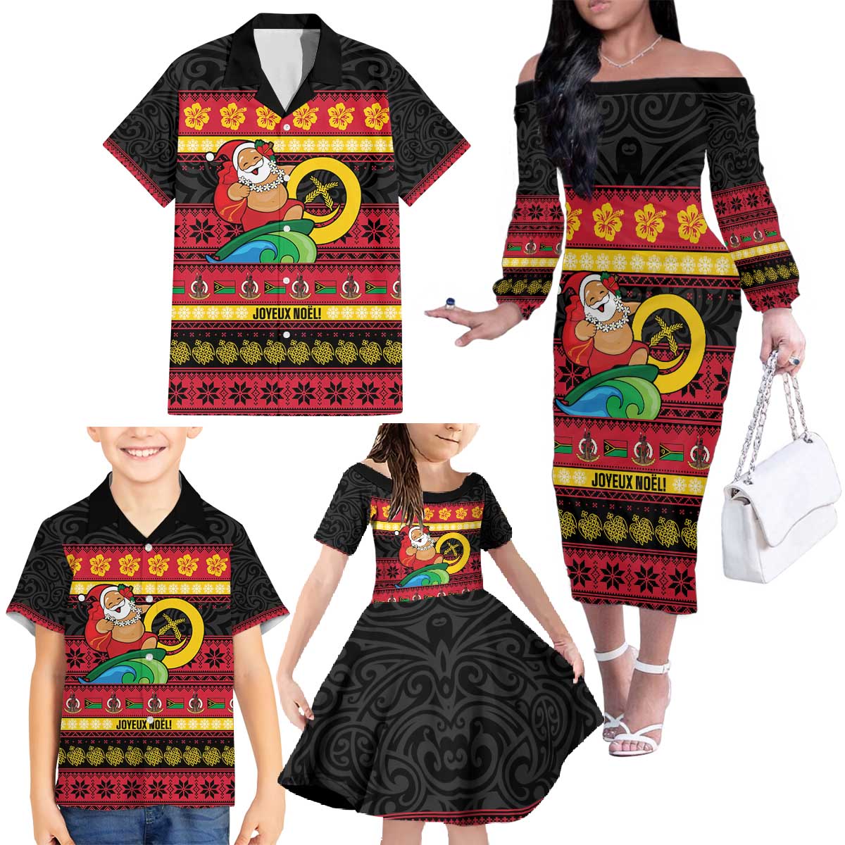 Vanuatu Christmas Family Matching Off The Shoulder Long Sleeve Dress and Hawaiian Shirt Joyeux Noel Surfing Santa With Boar Tusk - Polynesian Pride