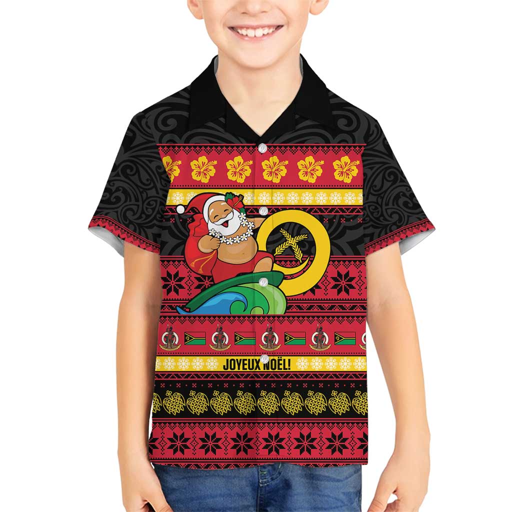 Vanuatu Christmas Family Matching Off Shoulder Maxi Dress and Hawaiian Shirt Joyeux Noel Surfing Santa With Boar Tusk - Polynesian Pride