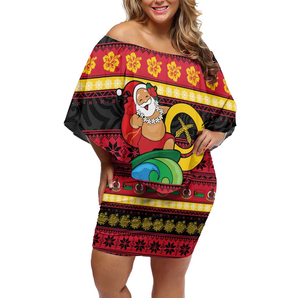 Vanuatu Christmas Family Matching Off Shoulder Short Dress and Hawaiian Shirt Joyeux Noel Surfing Santa With Boar Tusk - Polynesian Pride