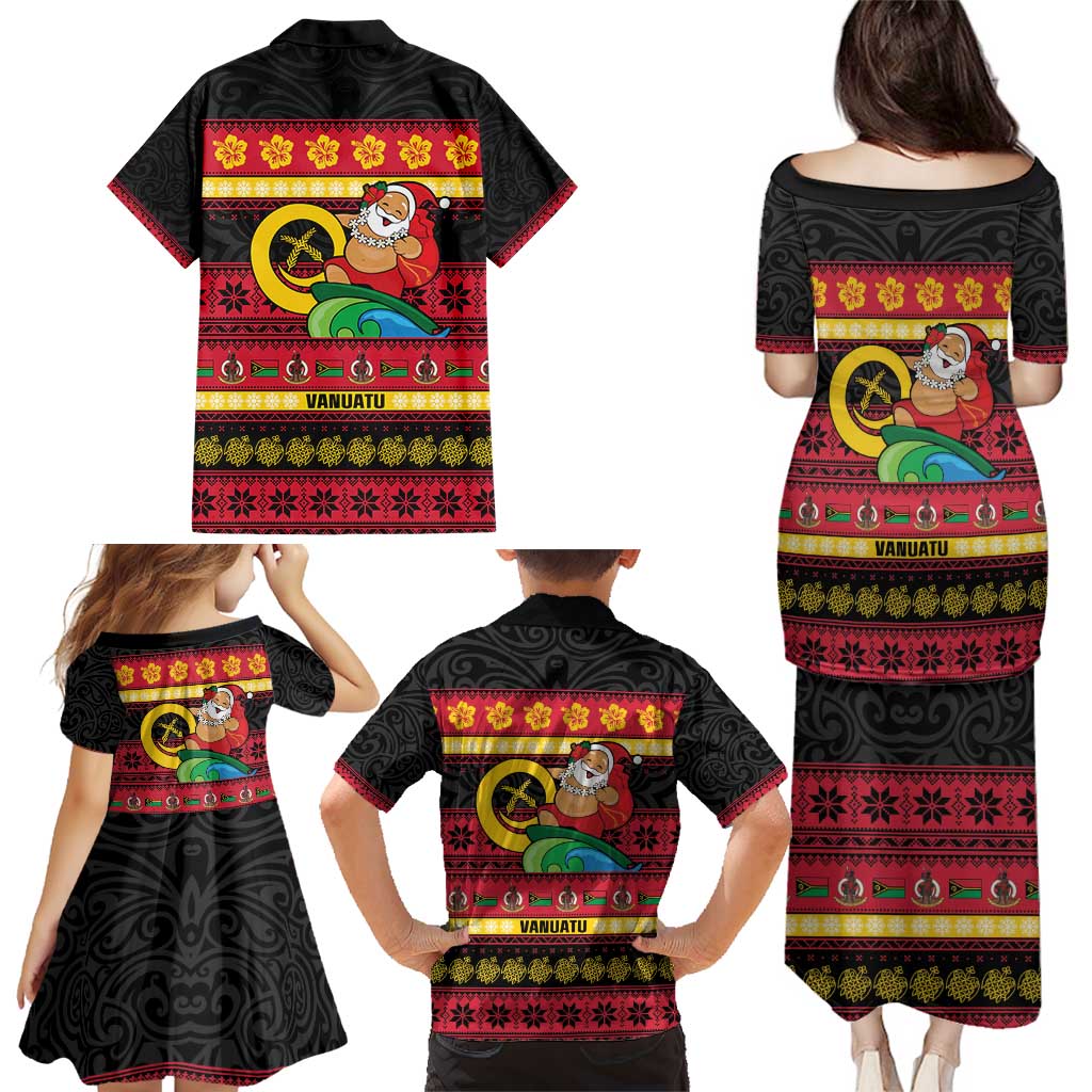 Vanuatu Christmas Family Matching Puletasi and Hawaiian Shirt Joyeux Noel Surfing Santa With Boar Tusk - Polynesian Pride