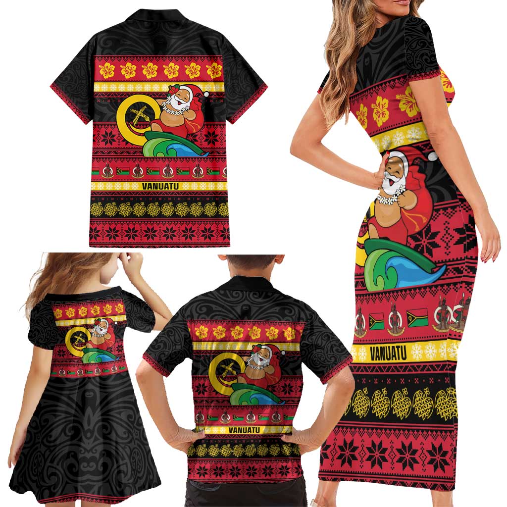 Vanuatu Christmas Family Matching Short Sleeve Bodycon Dress and Hawaiian Shirt Joyeux Noel Surfing Santa With Boar Tusk - Polynesian Pride