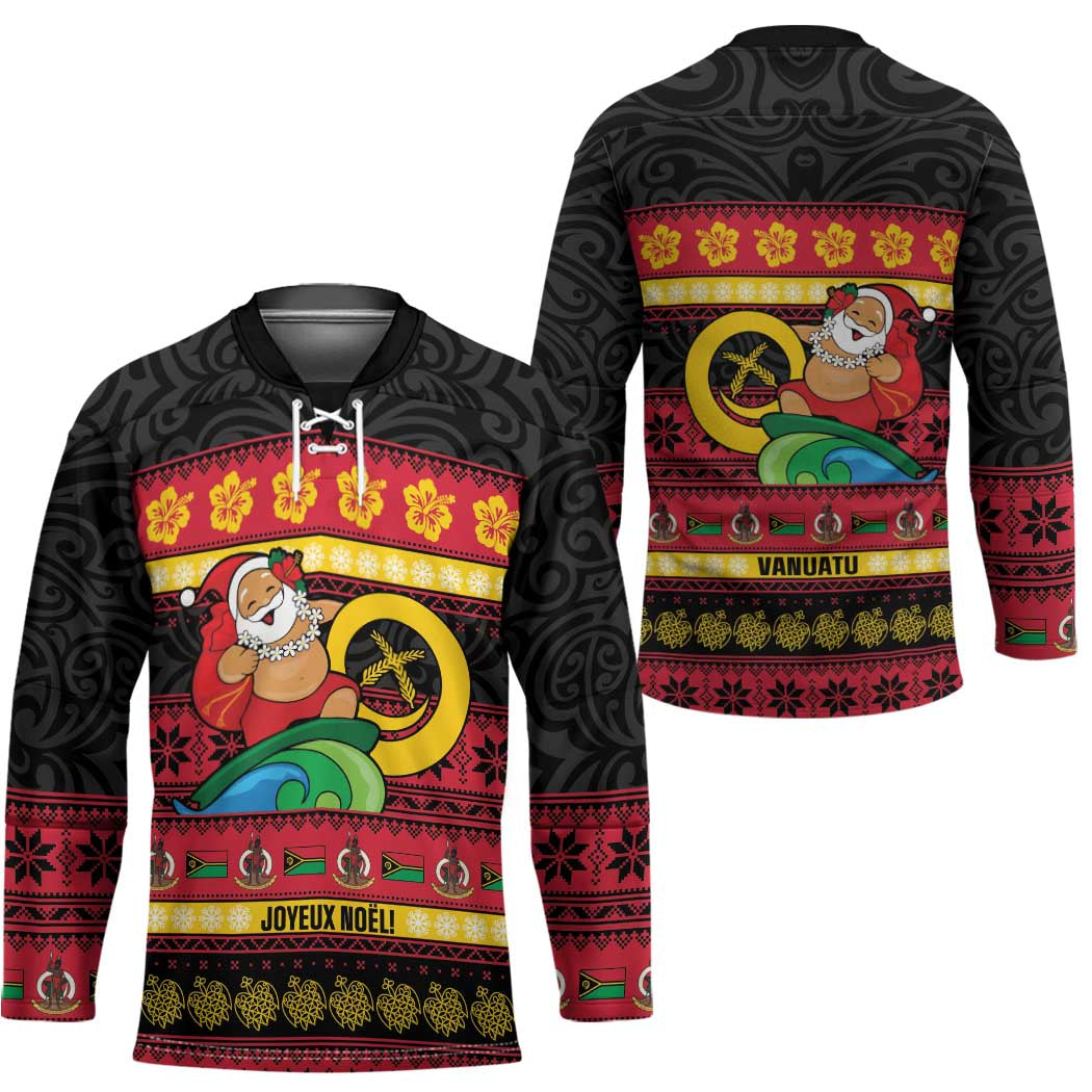 Vanuatu Christmas Hockey Jersey Joyeux Noel Surfing Santa With Boar Tusk - Polynesian Pride