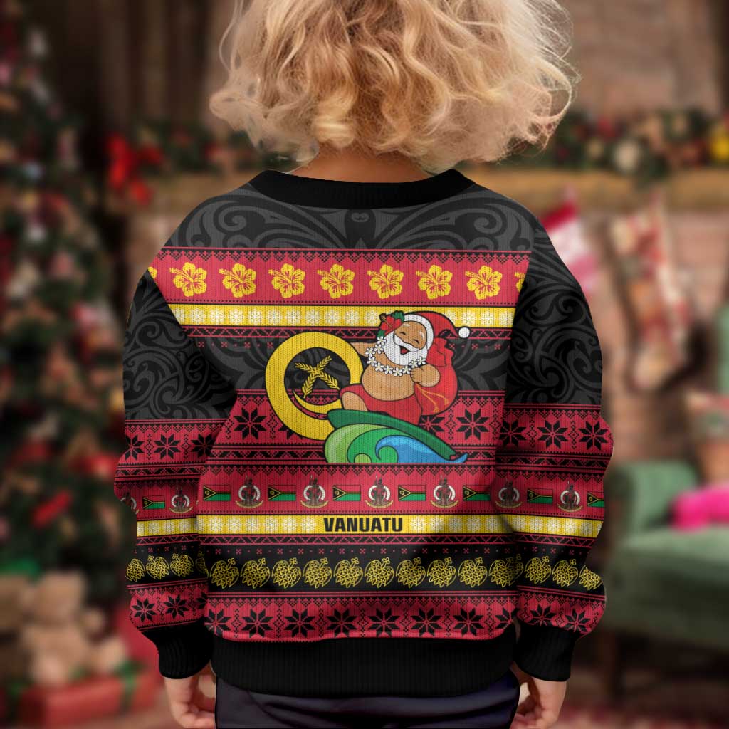 Vanuatu Christmas Kid Ugly Christmas Sweater Joyeux Noel Surfing Santa With Boar Tusk - Polynesian Pride
