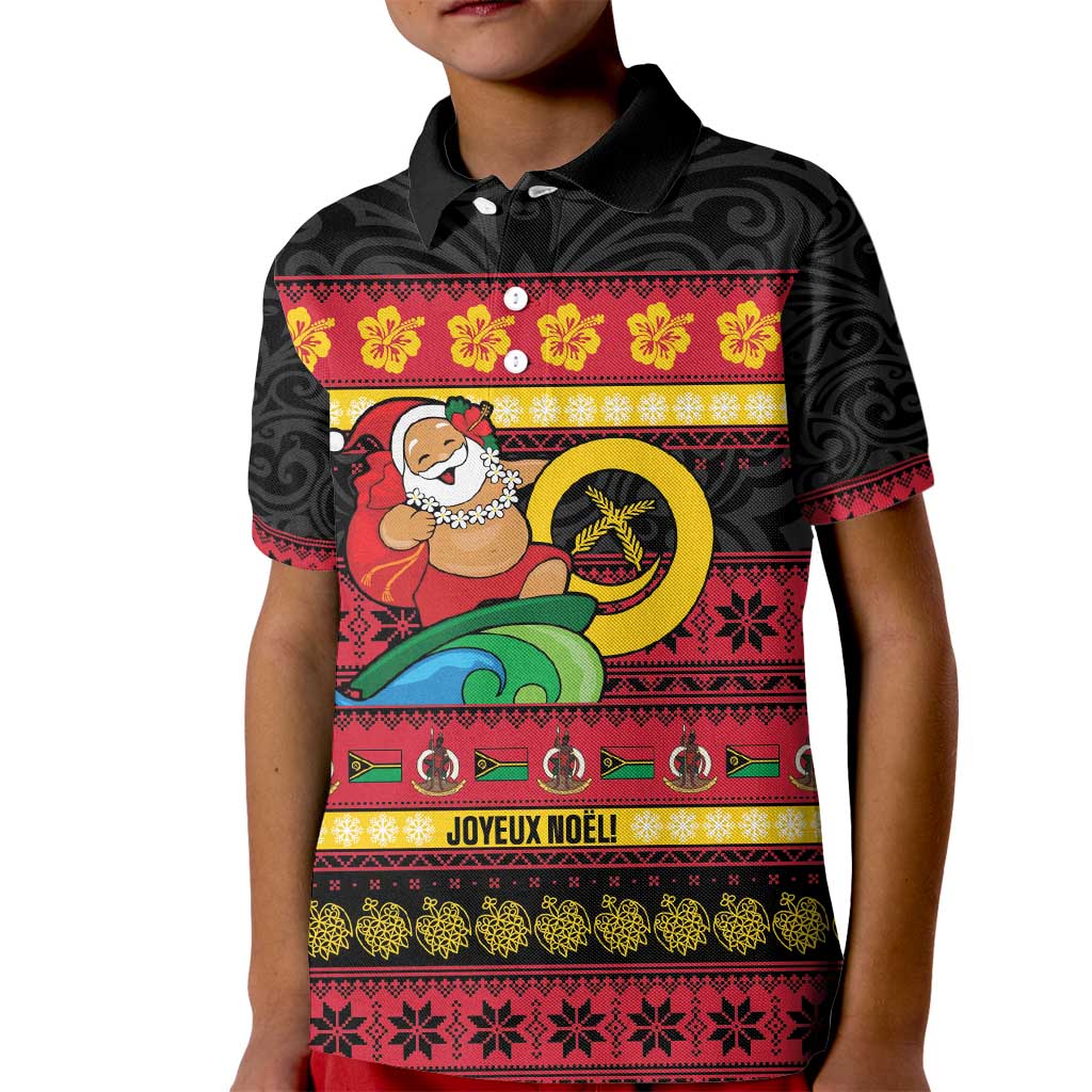 Vanuatu Christmas Kid Polo Shirt Joyeux Noel Surfing Santa With Boar Tusk - Polynesian Pride