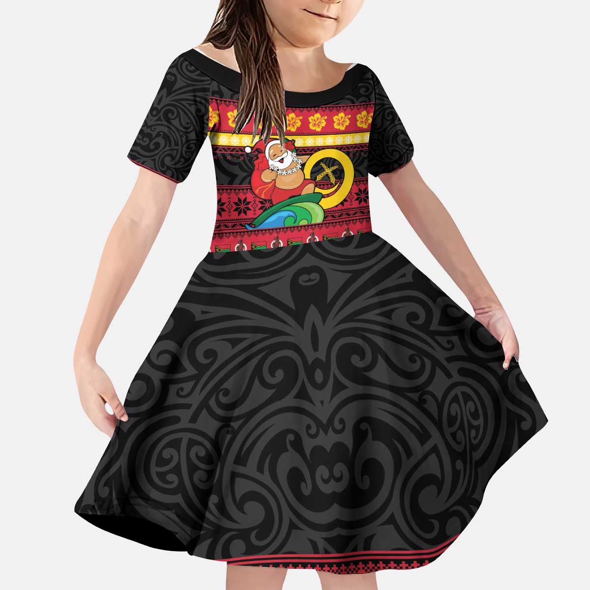Vanuatu Christmas Kid Short Sleeve Dress Joyeux Noel Surfing Santa With Boar Tusk - Polynesian Pride