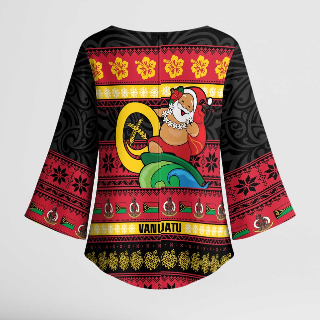 Vanuatu Christmas Kimono Sleeve Blouse Joyeux Noel Surfing Santa With Boar Tusk - Polynesian Pride