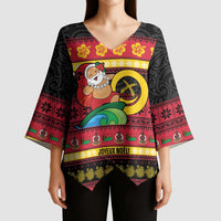 Vanuatu Christmas Kimono Sleeve Blouse Joyeux Noel Surfing Santa With Boar Tusk - Polynesian Pride
