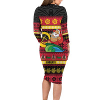 Vanuatu Christmas Long Sleeve Bodycon Dress Joyeux Noel Surfing Santa With Boar Tusk - Polynesian Pride