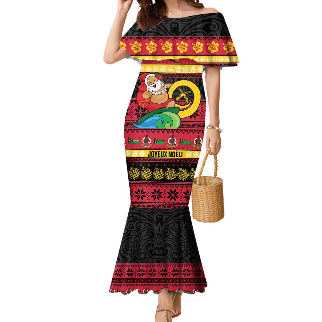 Vanuatu Christmas Mermaid Dress Joyeux Noel Surfing Santa With Boar Tusk - Polynesian Pride