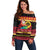Vanuatu Christmas Off Shoulder Sweater Joyeux Noel Surfing Santa With Boar Tusk - Polynesian Pride