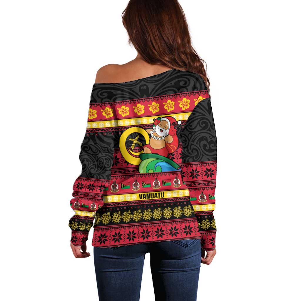 Vanuatu Christmas Off Shoulder Sweater Joyeux Noel Surfing Santa With Boar Tusk - Polynesian Pride