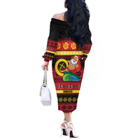 Vanuatu Christmas Off The Shoulder Long Sleeve Dress Joyeux Noel Surfing Santa With Boar Tusk - Polynesian Pride