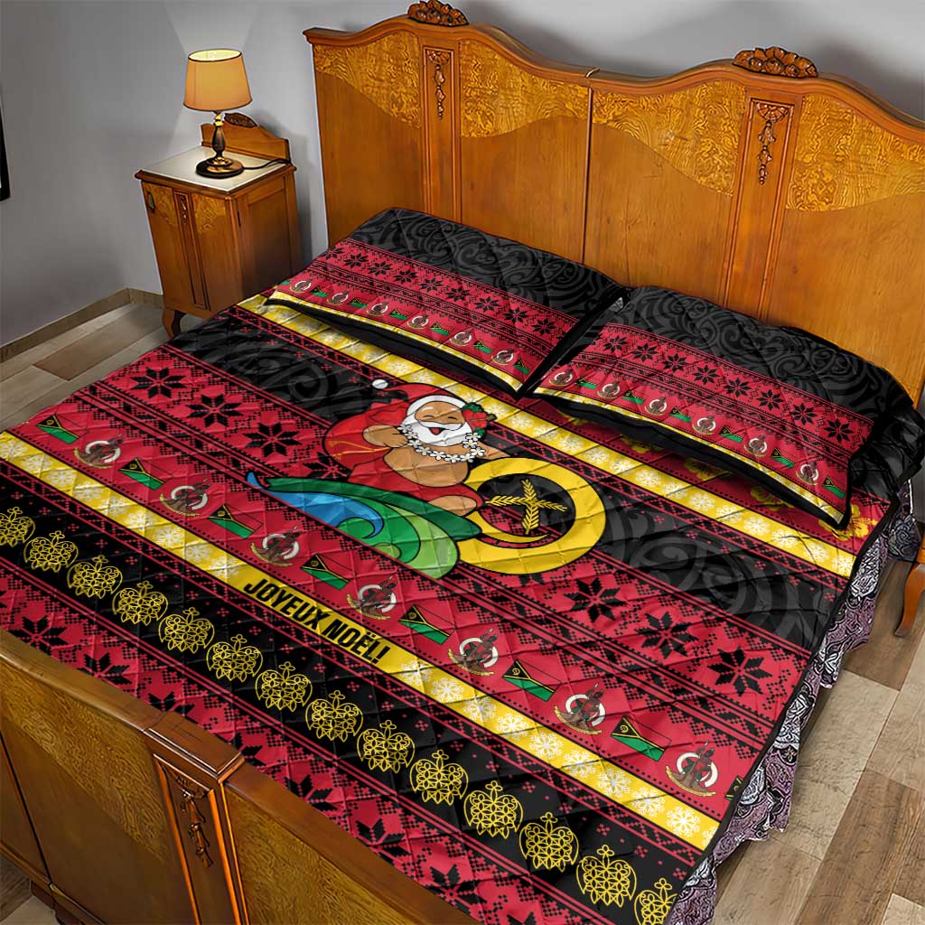 Vanuatu Christmas Quilt Bed Set Joyeux Noel Surfing Santa With Boar Tusk - Polynesian Pride