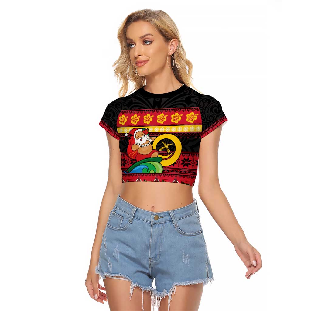 Vanuatu Christmas Raglan Cropped T Shirt Joyeux Noel Surfing Santa With Boar Tusk - Polynesian Pride