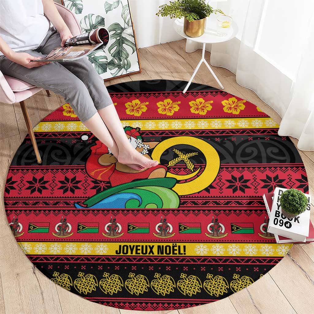 Vanuatu Christmas Round Carpet Joyeux Noel Surfing Santa With Boar Tusk - Polynesian Pride
