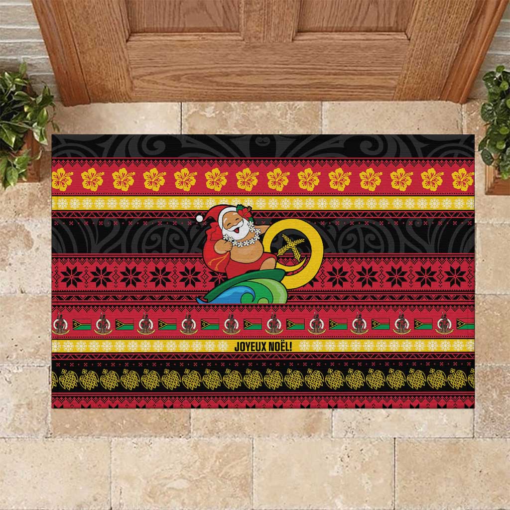 Vanuatu Christmas Rubber Doormat Joyeux Noel Surfing Santa With Boar Tusk - Polynesian Pride
