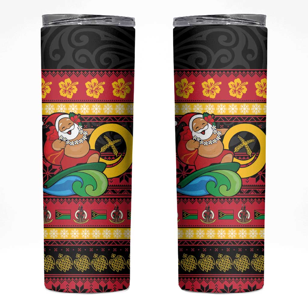 Vanuatu Christmas Skinny Tumbler Joyeux Noel Surfing Santa With Boar Tusk - Polynesian Pride