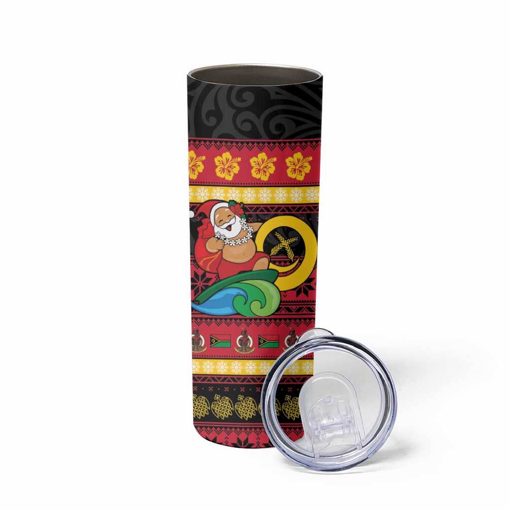 Vanuatu Christmas Skinny Tumbler Joyeux Noel Surfing Santa With Boar Tusk - Polynesian Pride
