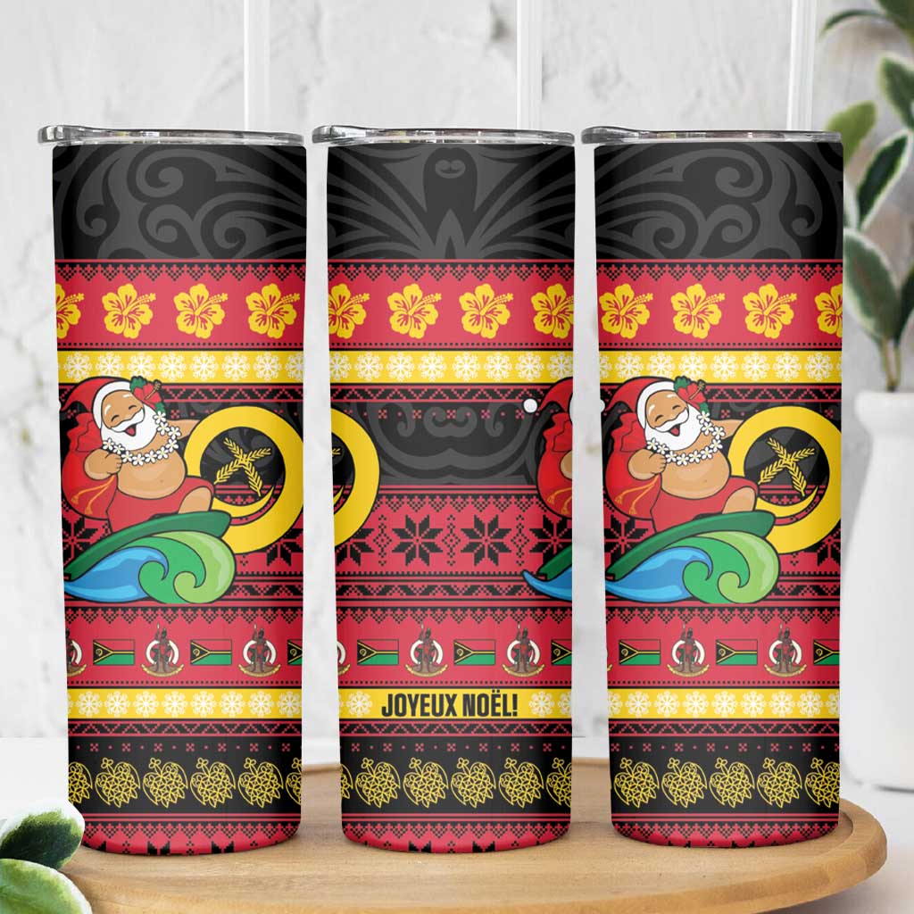 Vanuatu Christmas Skinny Tumbler Joyeux Noel Surfing Santa With Boar Tusk - Polynesian Pride