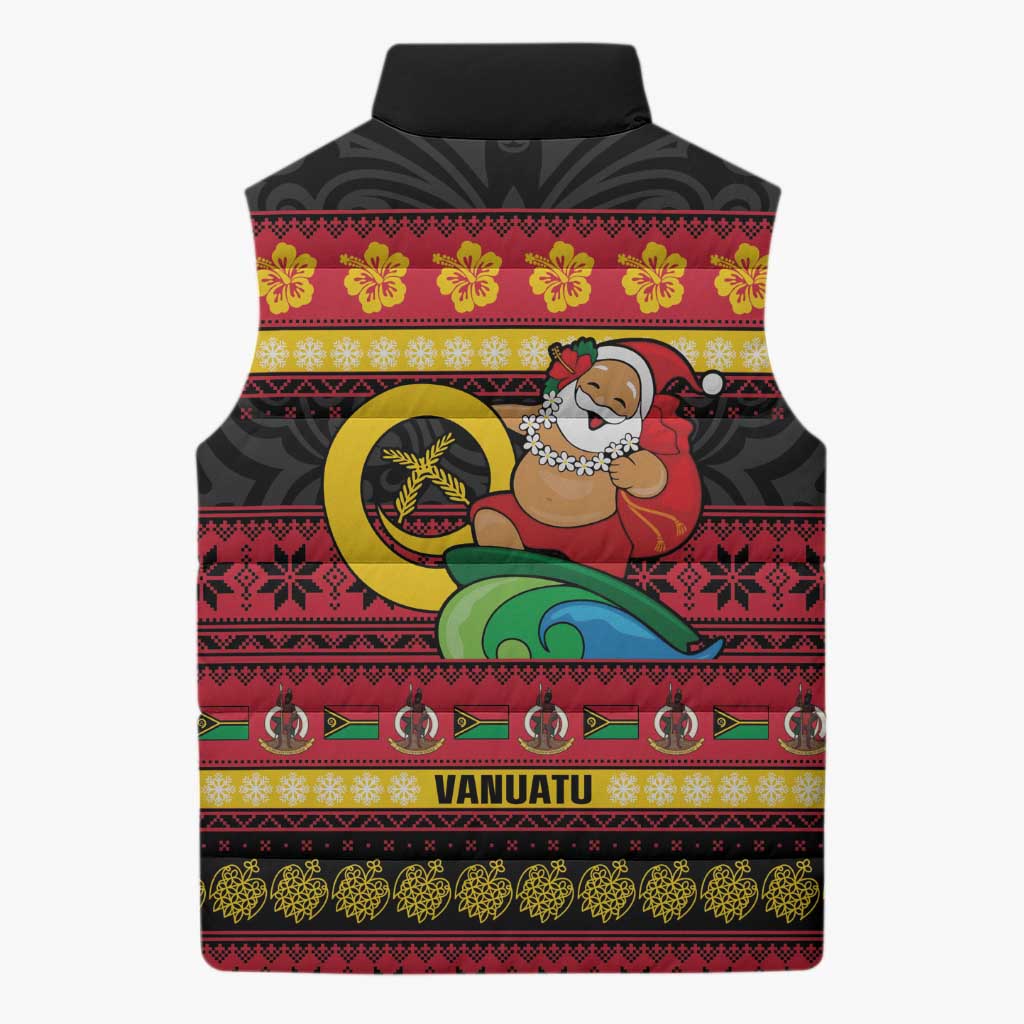 Vanuatu Christmas Sleeveless Puffer Jacket Joyeux Noel Surfing Santa With Boar Tusk - Polynesian Pride
